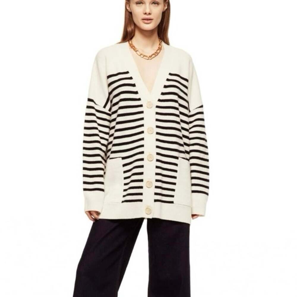 Zara Black Ecru Striped Oversized Wool V-neck Cardigan Chunky Buttons Sz Medium